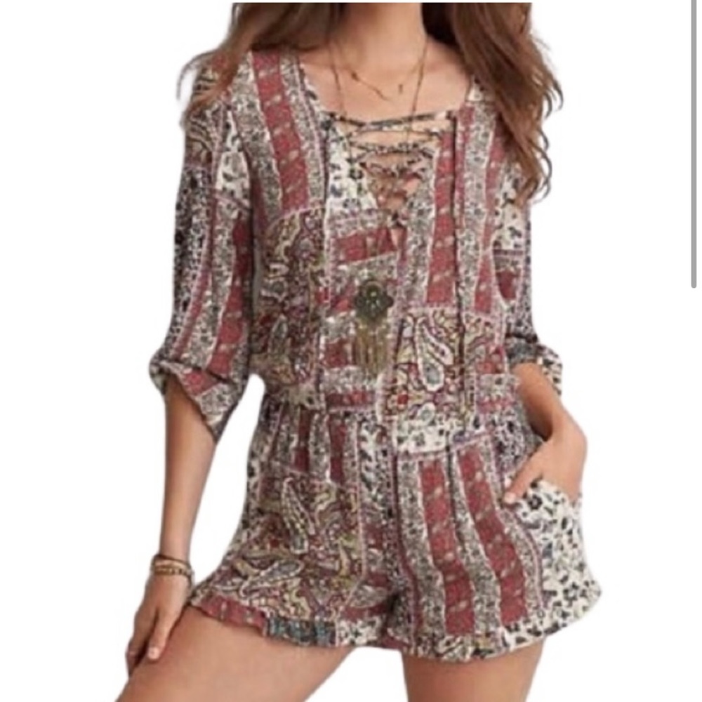 American Eagle Paisley Long Sleeve Boho Ruffled Shorts Romper